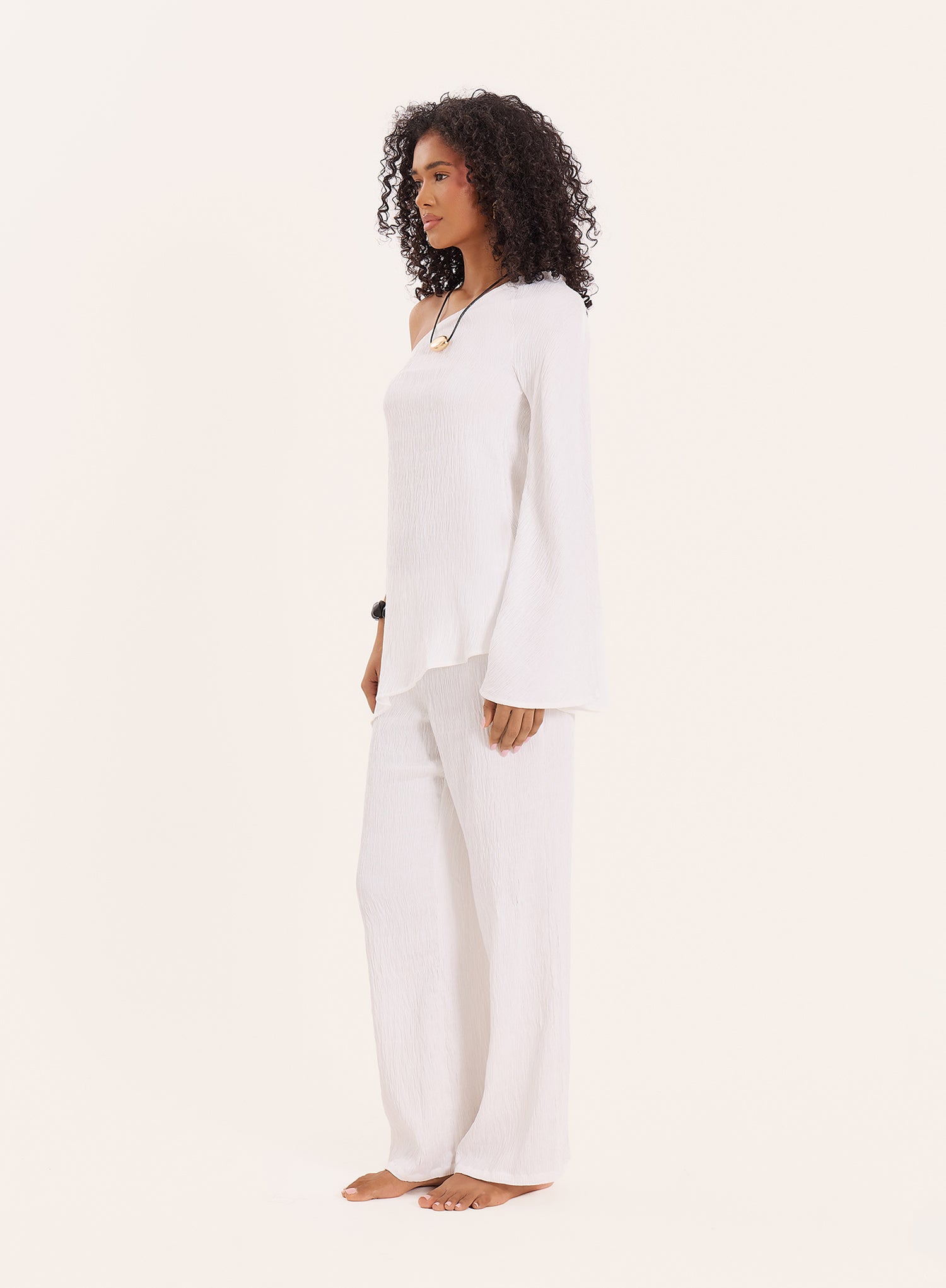 Cream Crinkle Tie Waist Straight Leg Trousers
